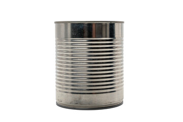 A silver can on a transparent background. The metal reflects the light and the surface is ribbed.