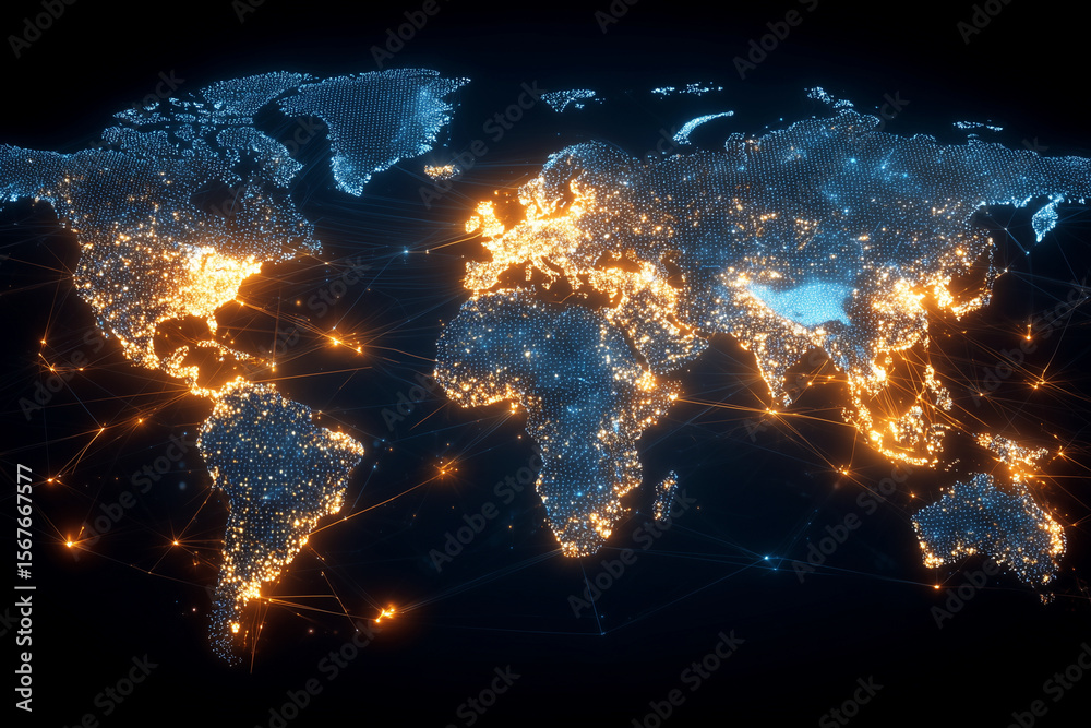 Wall mural a globe with a network of lights on it