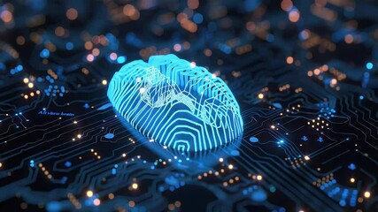 Glowing blue fingerprint on a circuit board with network data streams. Representing security and digital identity in a futuristic design with bokeh effects. - Powered by Adobe