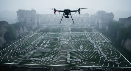 Drone mapping ancient ruins with 3d terrain grid overlay in misty atmosphere