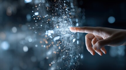 Smart touch interaction with virtual data flow, representing 5G, fintech apps, and blockchain ledger, clear right margin