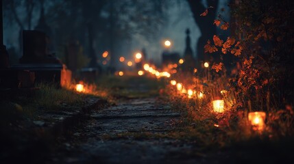 Fototapeta premium Blurred candlelit trail through cemetery, Halloween background, mystical night path. 