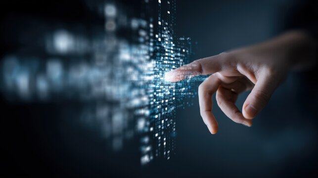 Smart touch interaction with virtual data flow, representing 5G, fintech apps, and blockchain ledger, clear right margin