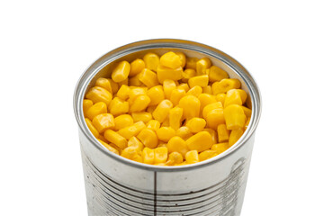 Close-up of canned corn. A silver can is filled to the brim with yellow corn, isolated as a PNG...