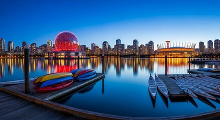Vancouver cityscape at twilight with illuminated science world and bc place reflecting on calm water with kayaks and canoes