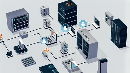 Digital network infrastructure diagram showcasing server connections, user interactions, and devices - Powered by Adobe