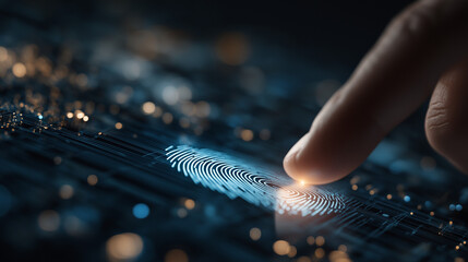 Digital Fingerprint: An abstract composition, where a finger interacts with a digital fingerprint, evoking themes of technology, security, and access. The image is rendered in a captivating style.