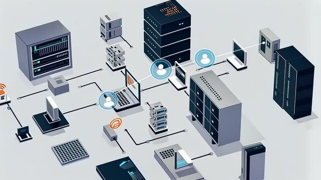 Digital network infrastructure diagram showcasing server connections, user interactions, and devices - Powered by Adobe