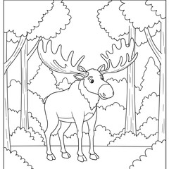 Cartoon moose with large antlers stands in a simple forest scene surrounded by trees and bushes, designed in black-and-white for coloring.