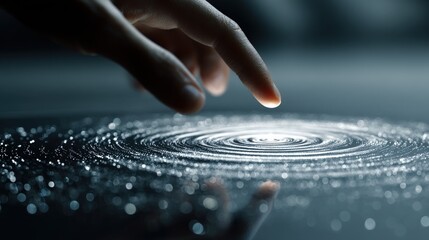 Touchscreen gesture creating ripple in digital network, representing mobile technology and decentralized finance, space on right