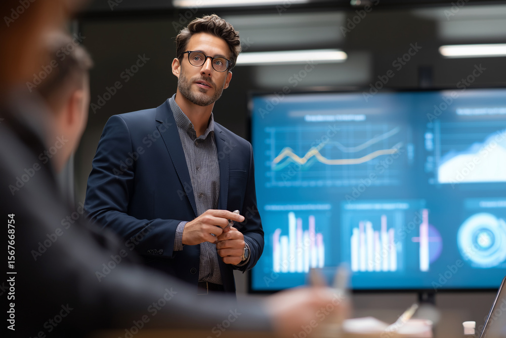 Poster a man in a suit stands in front of a large monitor displaying graphs and charts