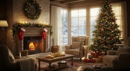 Cozy Christmas living room scene with a fireplace, Christmas tree, and gifts