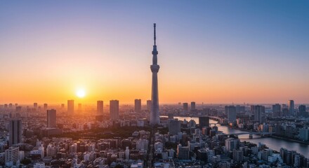 Naklejka premium Panoramic sunrise view over Tokyo cityscape