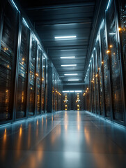 Obraz premium Server Room Illumination: Inside a server room filled with brightly-lit rows of server racks, this photorealistic image captures a future of technology.