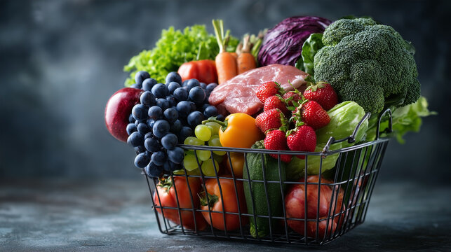 A basket full of fruits and vegetables including apples, grapes, strawberries - Powered by Adobe