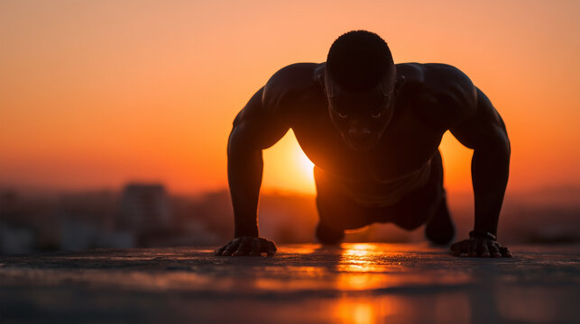 A man is doing a push up on a concrete floor