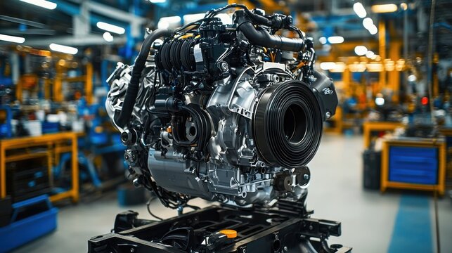 A car engineer inspecting an engine in a workshop.