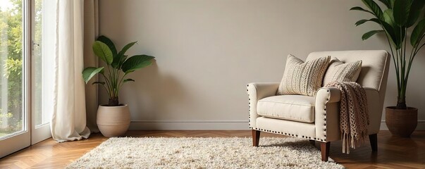 Cozy Living Room Interior Plush Throw Pillows, Knit Blanket, and Fluffy Rug Create a Warm and Inviting Atmosphere of Relaxation and Comfort. Perfect for Home Decor and Lifestyle Photography.