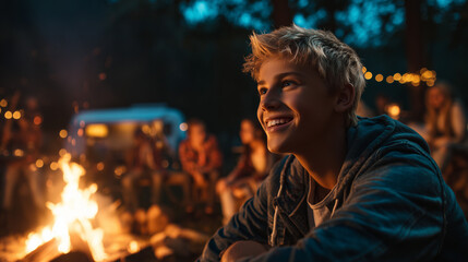 Smiling teenage boy by campfire at night campsite.