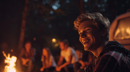 Smiling teenage boy by campfire at night campsite.