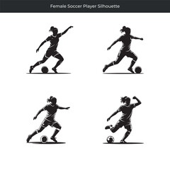 Obraz premium Set of four dynamic female soccer player silhouettes in action on the field