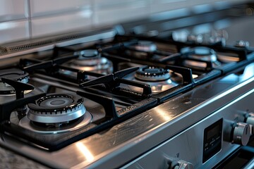 Close up of a brand new and clean stainless steel stove top hop or a gas cooktop