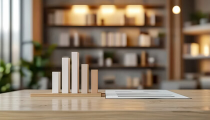 Business growth chart with ascending bars on a wooden table in a modern office setting