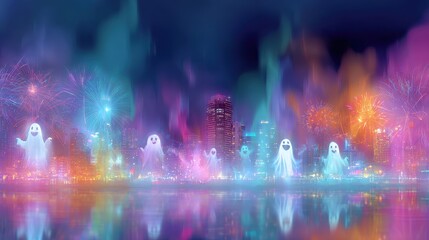 Fototapeta premium Blurred city skyline with Halloween fireworks and neon ghosts, urban celebration background.