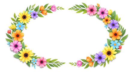 Oval floral border with vibrant spring flowers and green leaves
