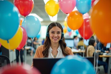 A Customer Service Agent Surrounded by Vibrant Balloons in an Aerial View of a Call Center