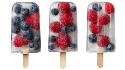 Frozen fruit popsicles with berries, top view, summer snack isolated on white PNG