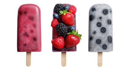 Frozen fruit popsicles with berries, top view, summer snack isolated on white PNG