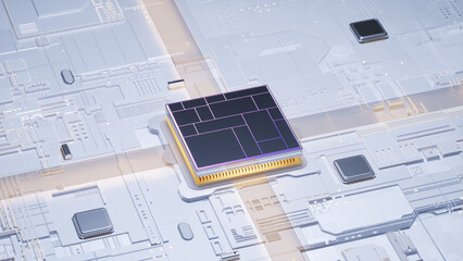 3D rendering of advanced semiconductor chip integrated on complex circuit board for electronics industry marketing visuals