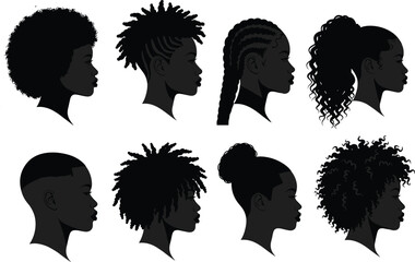 Diverse African American Hair Silhouettes: Flat Vector Illustrations of Black Men and Women with Various Hairstyles in Profile, Perfect for Beauty, Fashion, and Cultural Design Projects © Masum Creatives