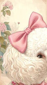 Cure animal white dog poodle with pink bow vertical animated background