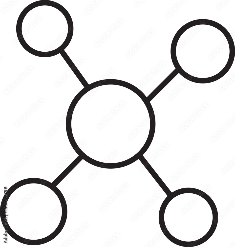 Poster molecule icon black outline central circle with four connected outer circles simple science symbol i