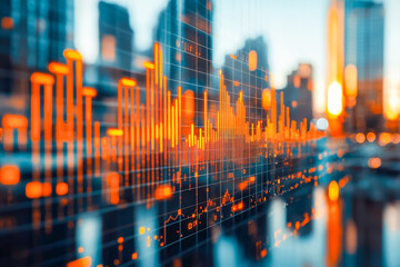 Digital financial data visualization in a modern city skyline