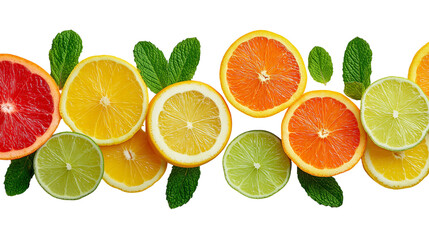 Obraz premium Flat lay of sliced citrus fruits with mint leaves, vibrant summer mood, white background, PNG format 
