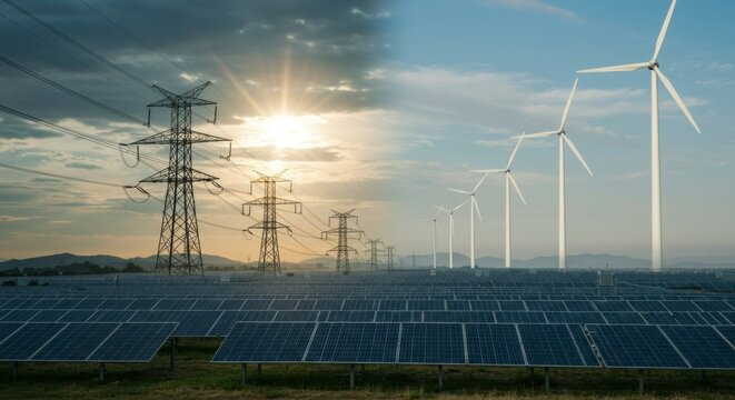 Sustainable energy sources, solar panels, wind turbines, and power lines