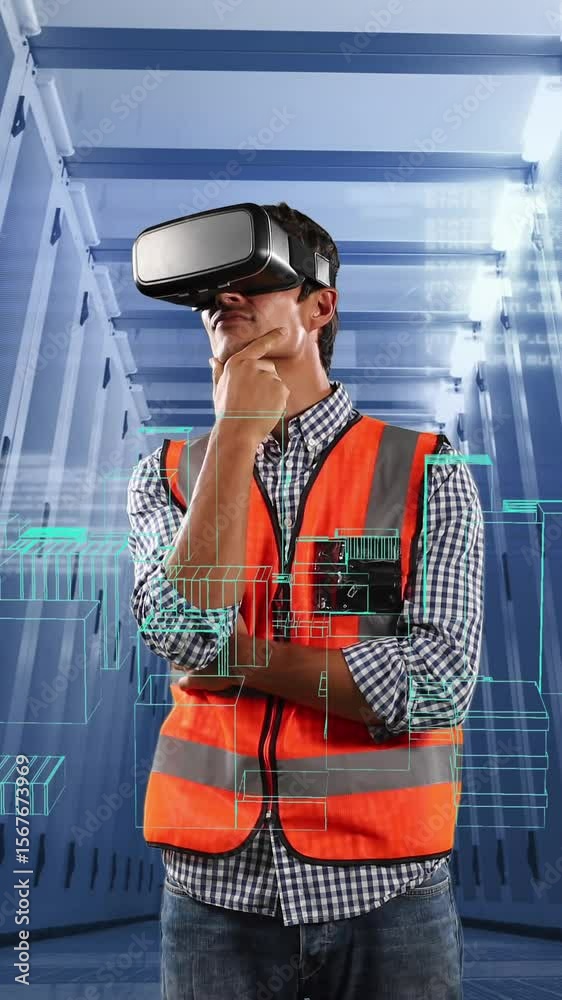 Poster 3d city model and data processing over man using vr headset against empty server room