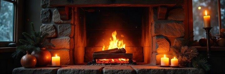 Warm Winter Evening by the Fireplace Glowing Embers, Rustic Mantel, and Flickering Candlelight Create a Cozy and Inviting Atmosphere Perfect for Relaxation and Holiday Cheer.