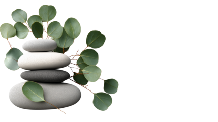 Stacked smooth spa stones and eucalyptus leaves, wellness concept, top view, PNG format
