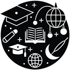 Graduation caps globe open book pencil moon celestial vector