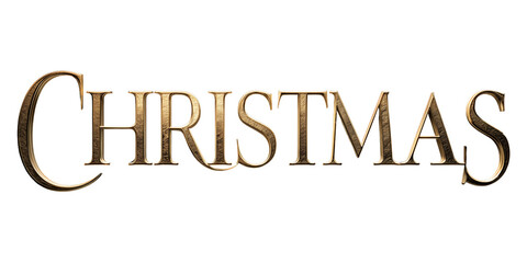 The word "Christmas" rendered in elegant 3D serif typography, crafted from brushed gold isolated on white or transparent background