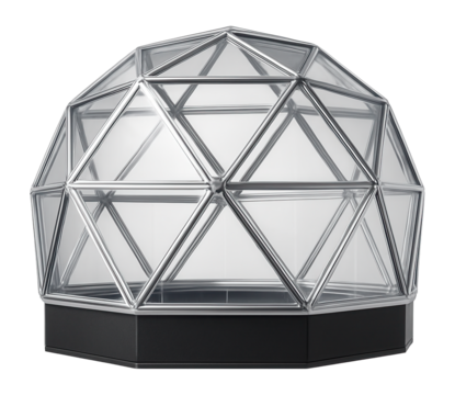 Geodesic greenhouse with interlocking triangular panels, designed for eco-friendly homes to withstand harsh weather.
