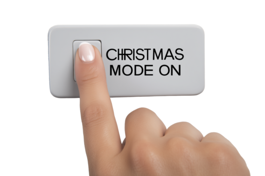 A woman's finger pressing a rectangular button with the words "CHRISTMAS MODE ON" isolated on white or transparent background