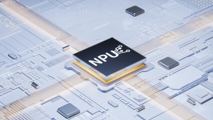 3D Rendering of NPU (Neural Processing Unit) Chip on Circuit Board for AI and Computing Technology Scenario