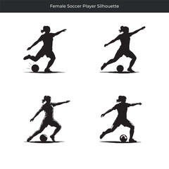 Fototapeta premium Dynamic silhouette illustrations of a female soccer player kicking and running in various poses