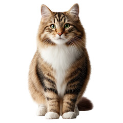 Fluffy Brown Tabby Domestic Cat With Striking Green Eyes Sitting Calmly Against isolated on transparent background. PNG die-cut for advertising