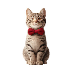 Obraz premium Adorable tabby cat sitting upright wearing a vibrant red bow tie gazing forward Full body portrait with isolated on transparent background. PNG die-cut for advertising